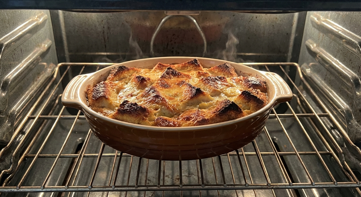A baking dish of bread pudding on an oven rack with a golden top forming