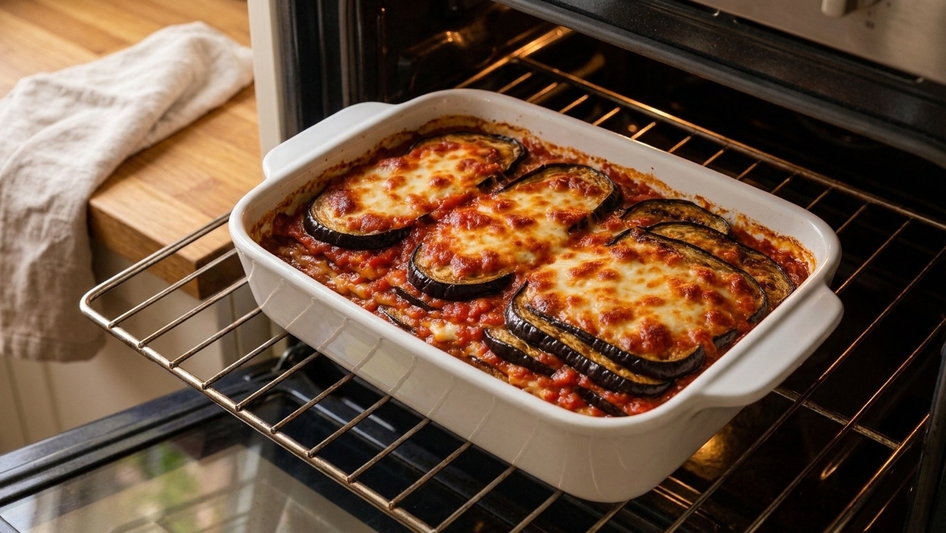 A baking dish of brinjal lasagna on an oven rack with cheese bubbling and browning at the edges