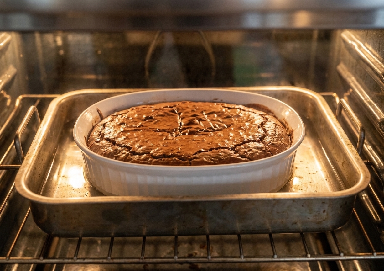 A baking dish of brownie pudding baking in the oven with a set, crackly top