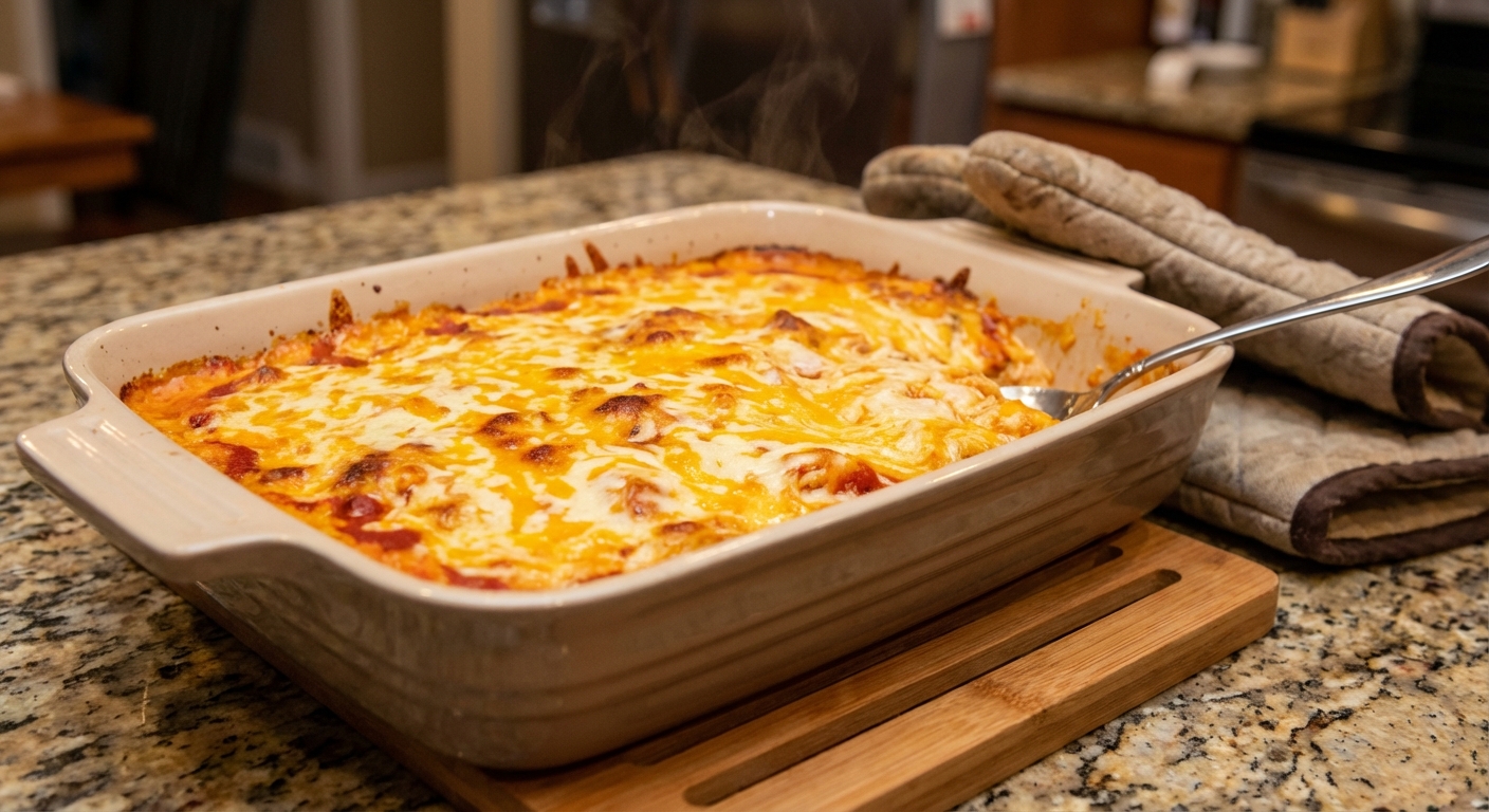 A baking dish of buffalo chicken dip fresh from the oven with a bubbly golden cheese top