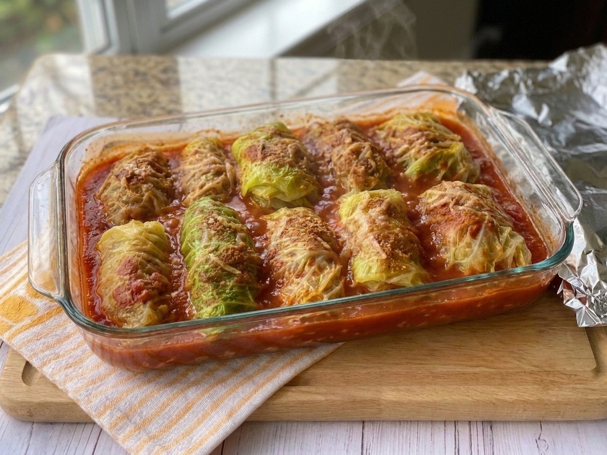 A baking dish of cabbage rolls bubbling in tomato sauce with the foil removed in a warm kitchen light