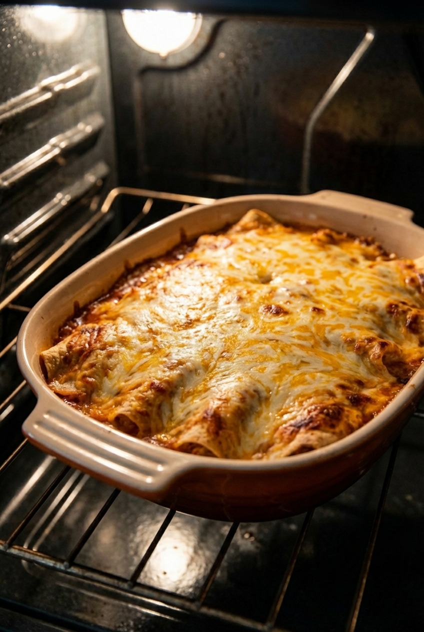 A baking dish of chicken enchiladas in the oven with cheese melting and sauce bubbling