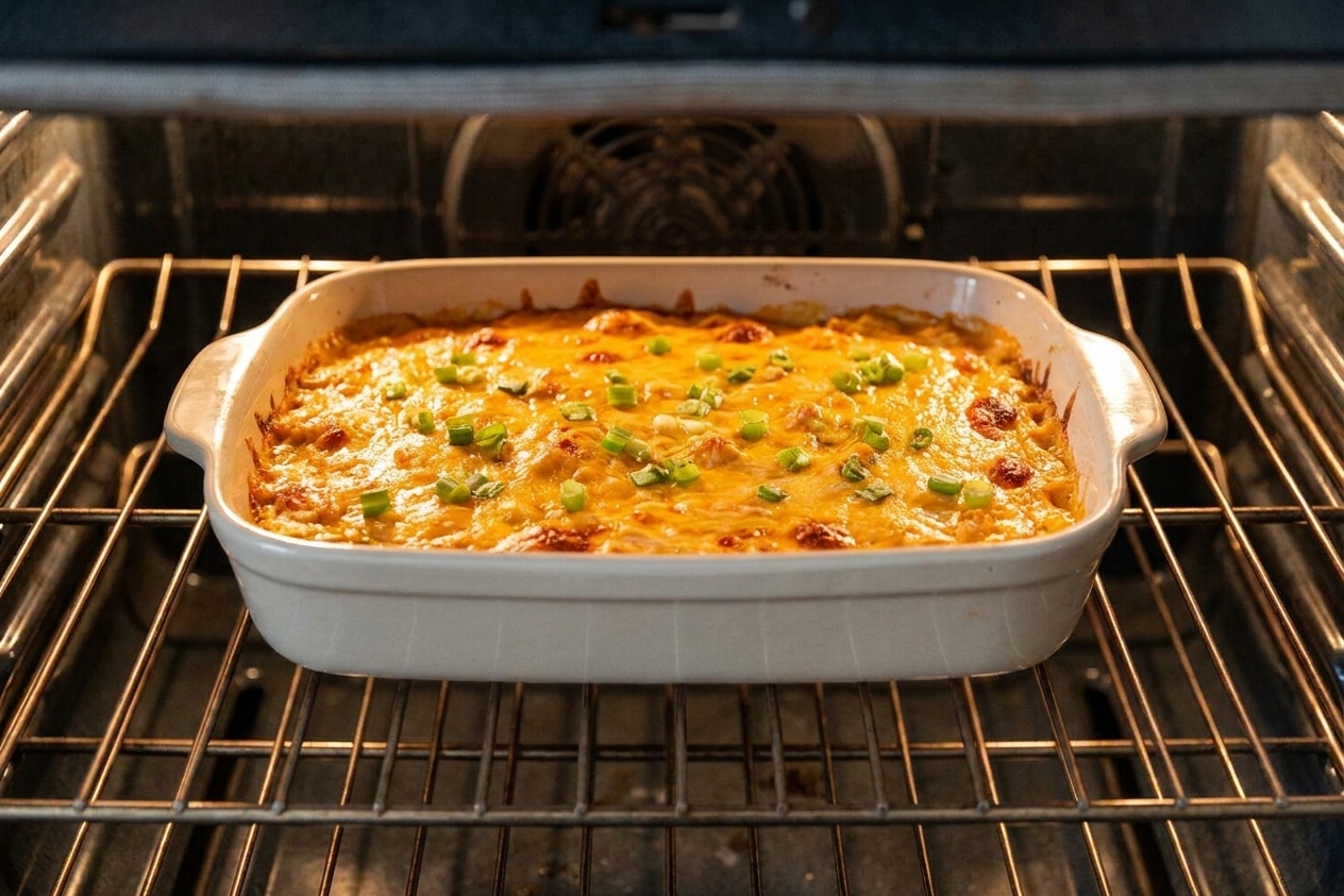 A baking dish of chicken wing dip on the middle oven rack with cheese melted and bubbling