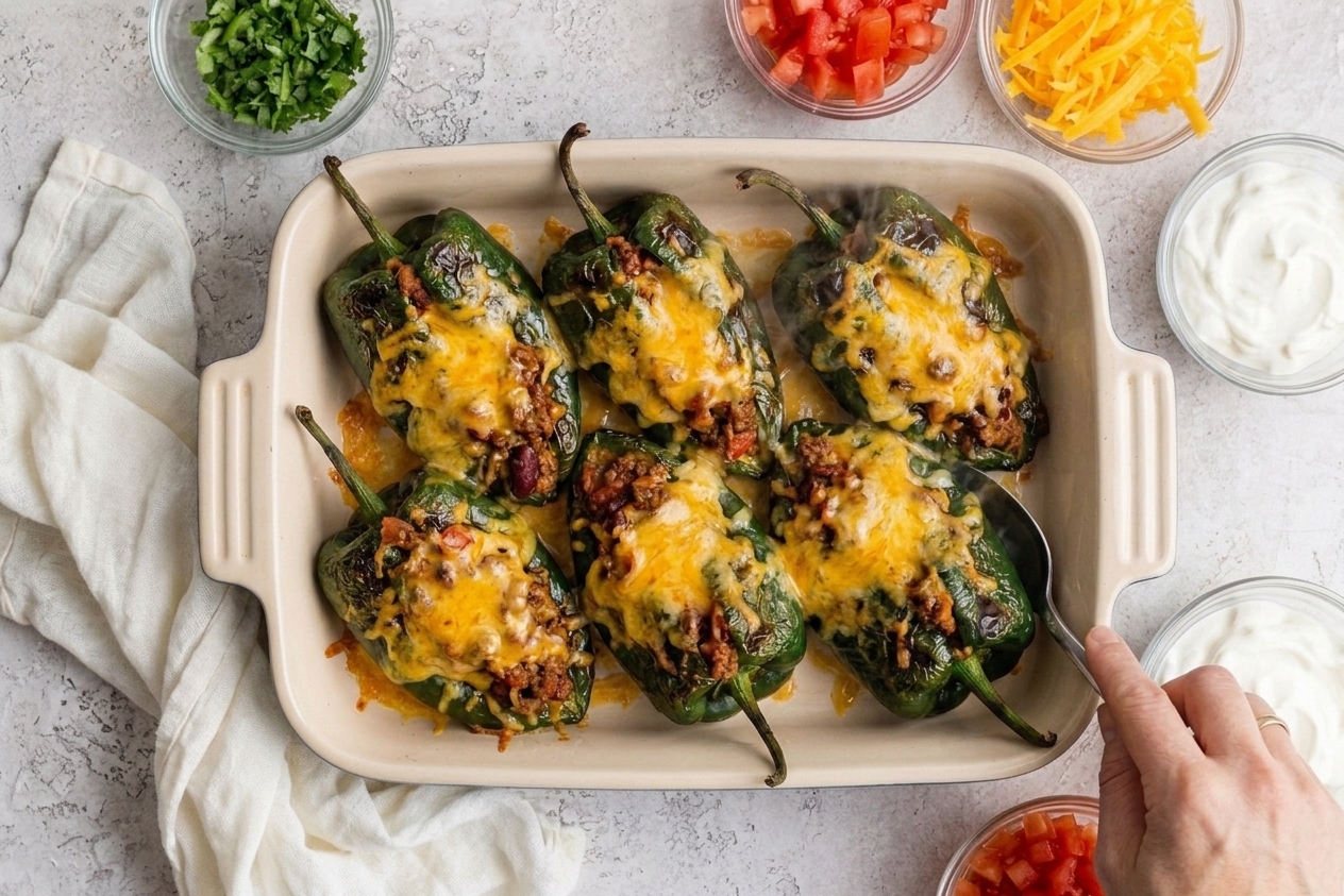 A baking dish of chili stuffed poblano peppers with melted cheese just out of the oven on a kitchen counter