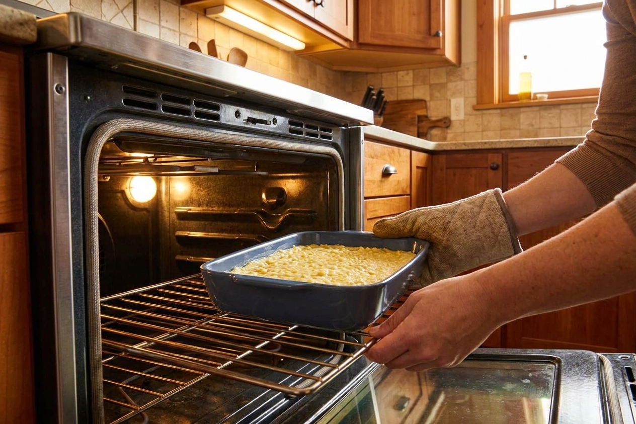 A baking dish of corn souffle casserole batter being placed onto the center rack of a preheated oven, warm kitchen lighting