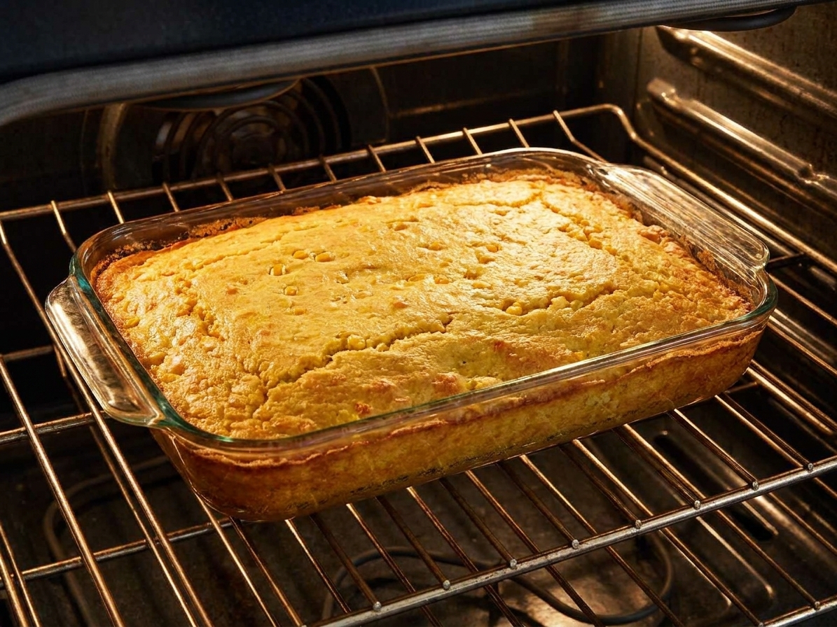 A baking dish of cornbread casserole baking on the middle rack of an oven