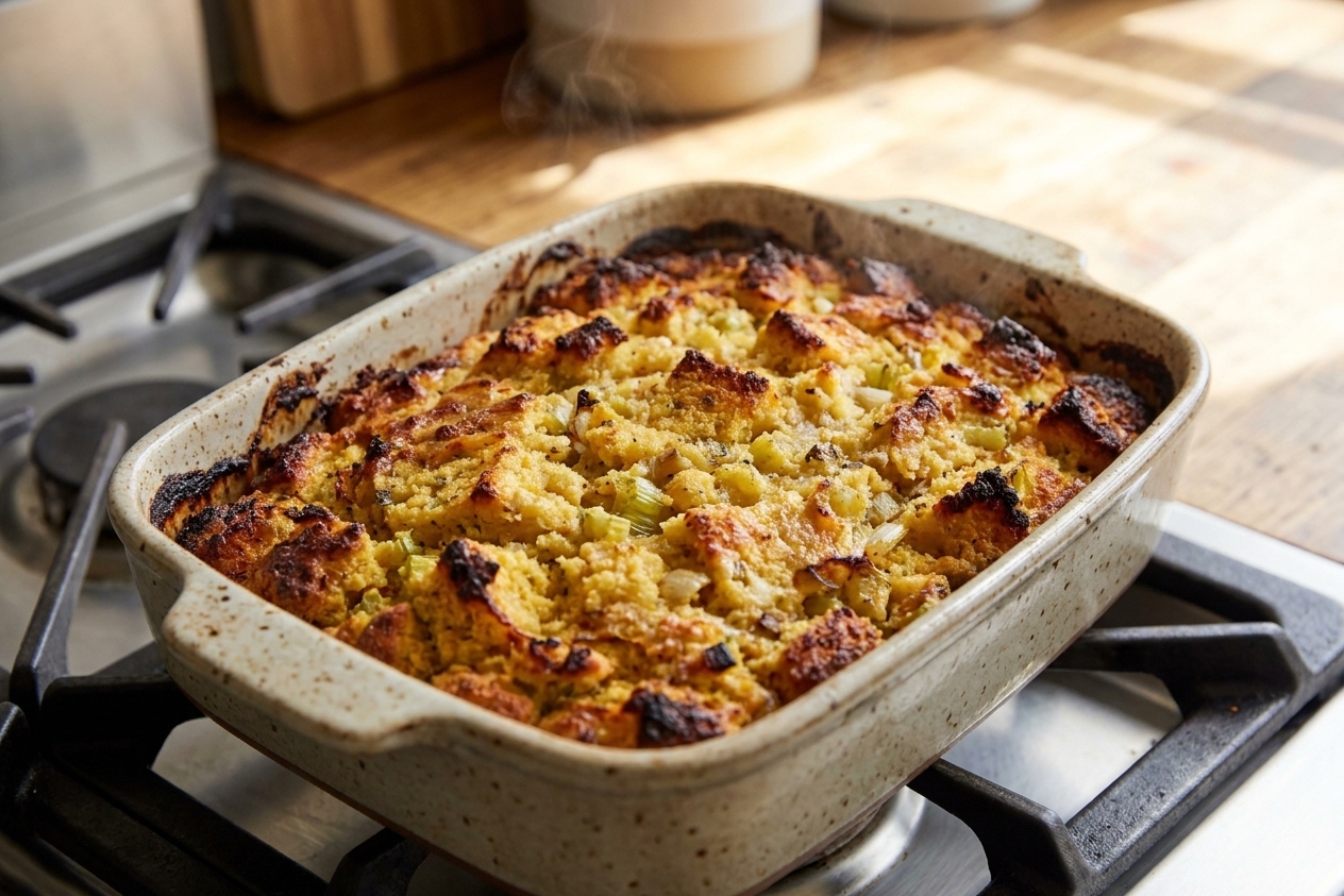 A baking dish of cornbread dressing fresh from the oven with a browned top and crispy edges, sitting on a stovetop