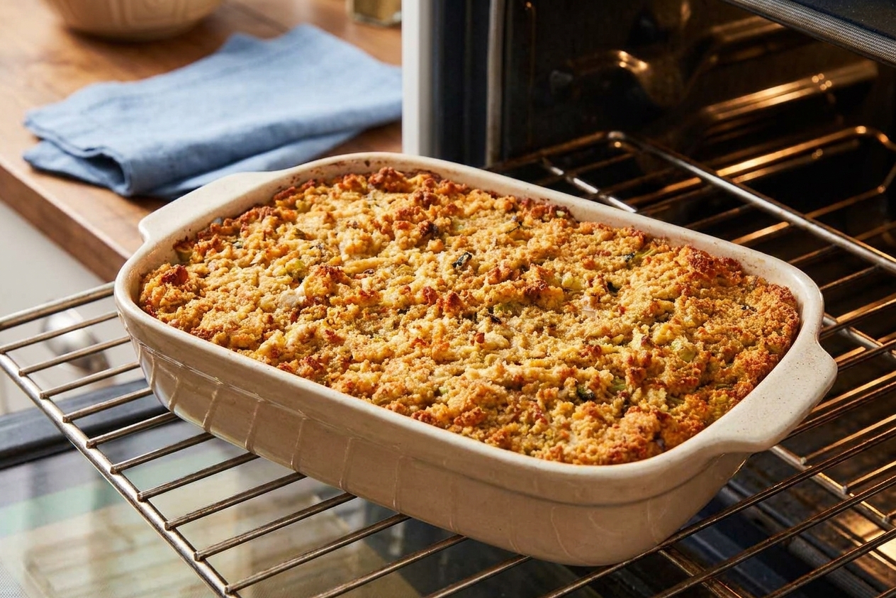 A baking dish of cornbread dressing on an oven rack with the top lightly browned