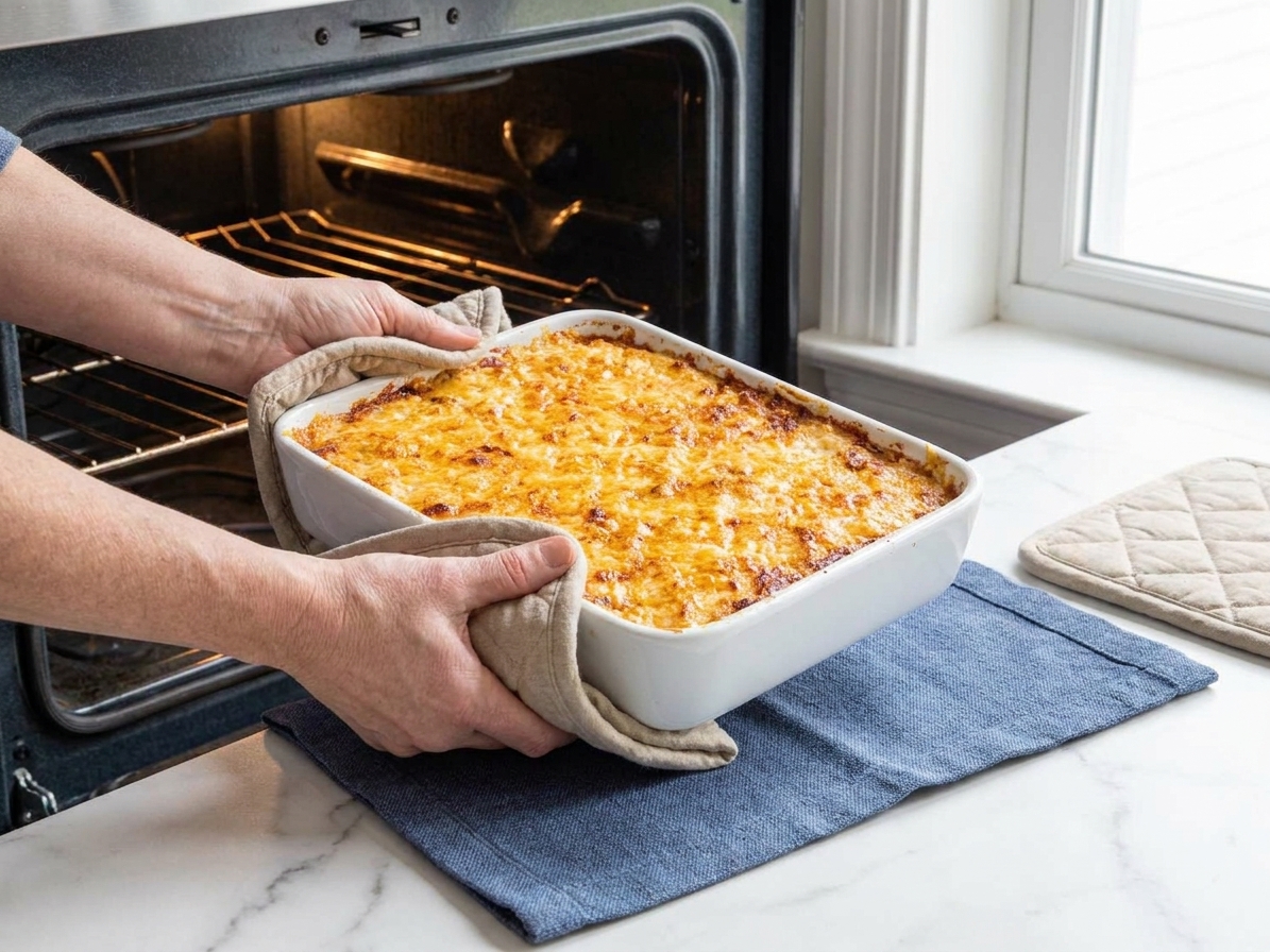 A baking dish of crabmeat dip coming out of the oven with a bubbling, lightly browned cheese top