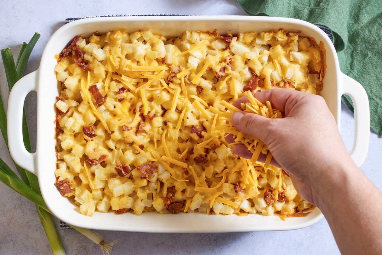 A baking dish of creamy potato casserole being topped with shredded cheddar before going into the oven on a bright kitchen counter