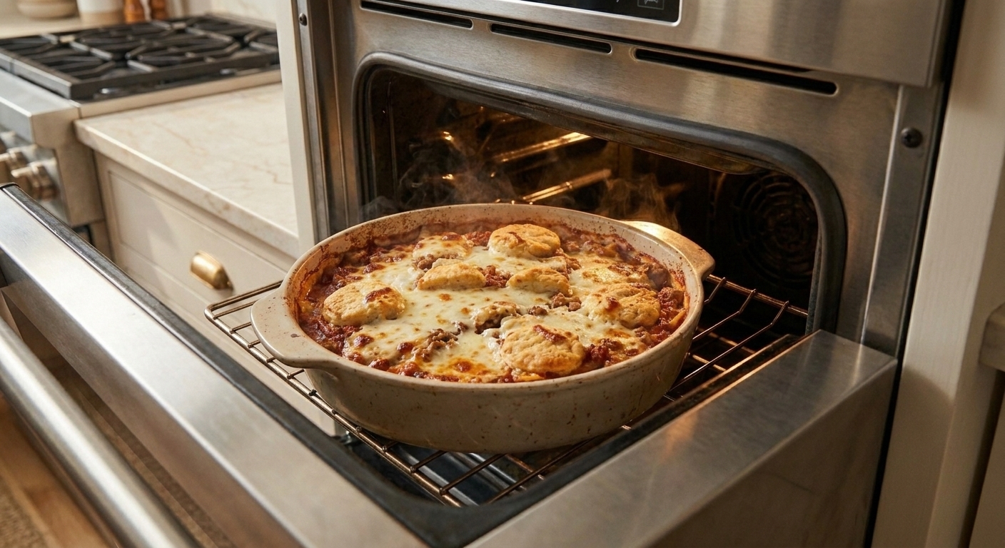 A baking dish of dumpling lasagna on an oven rack with melted cheese bubbling on top, viewed through an open oven door