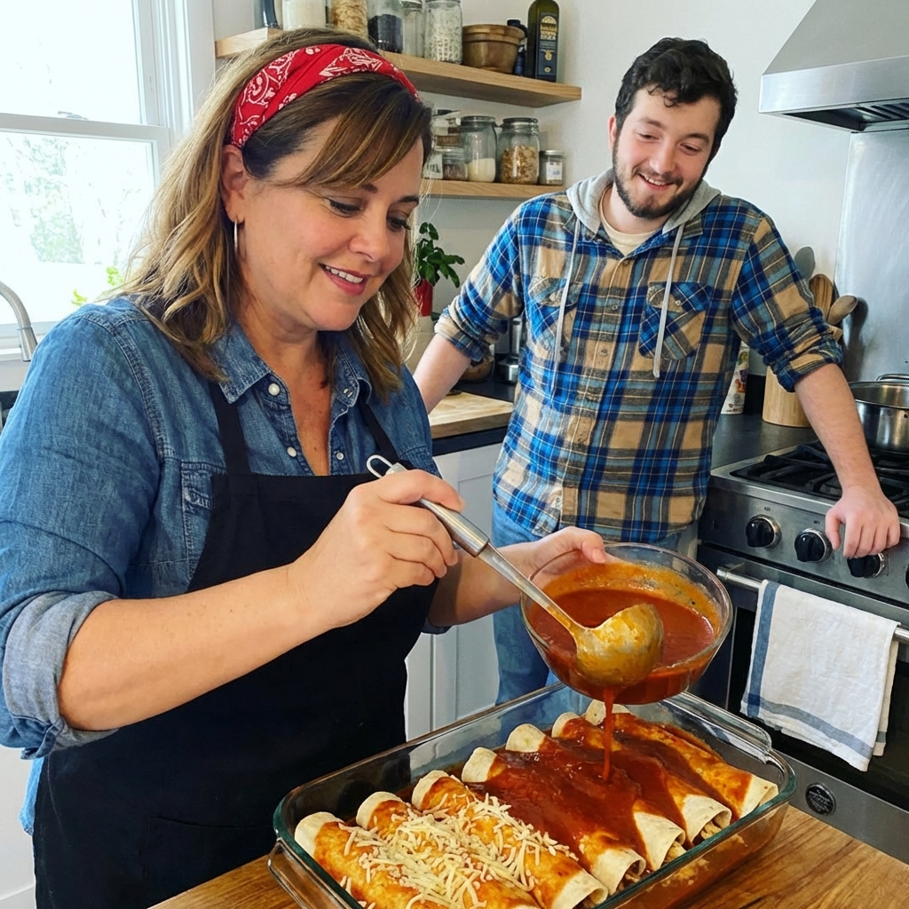 A baking dish of enchiladas being topped with red enchilada sauce before baking