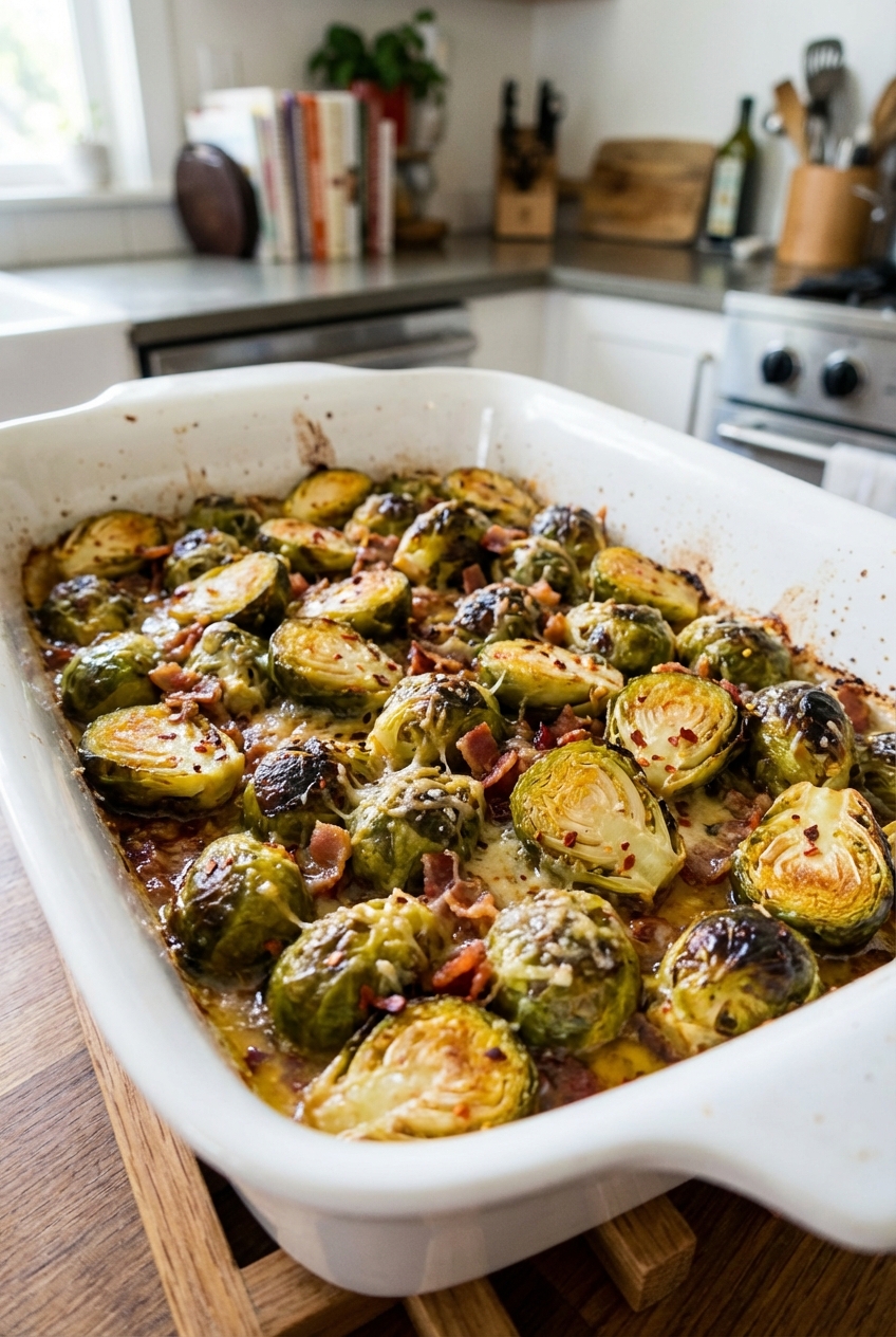 A baking dish of golden, bubbly roasted Brussels sprouts