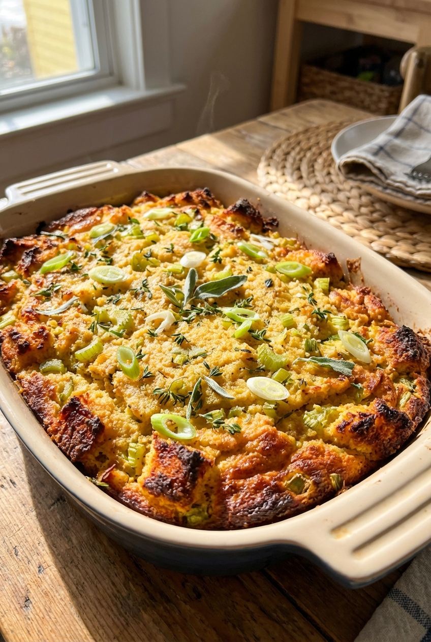 A baking dish of golden cornbread stuffing with crisp browned edges, flecks of celery and herbs, and thin slices of scallion on top, sitting on a wooden table in warm natural light