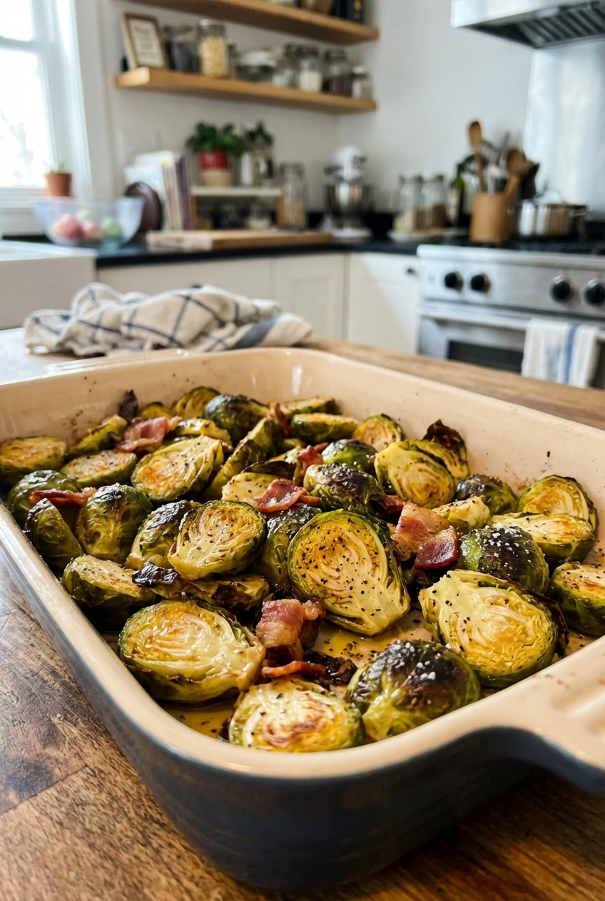 A baking dish of golden roasted Brussels sprouts with crisp edges