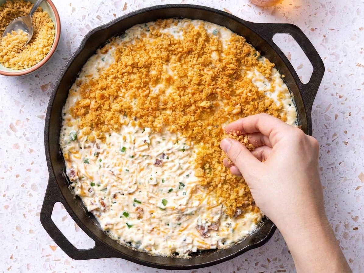 A baking dish of jalapeño popper dip being topped with buttery panko crumbs before going into the oven
