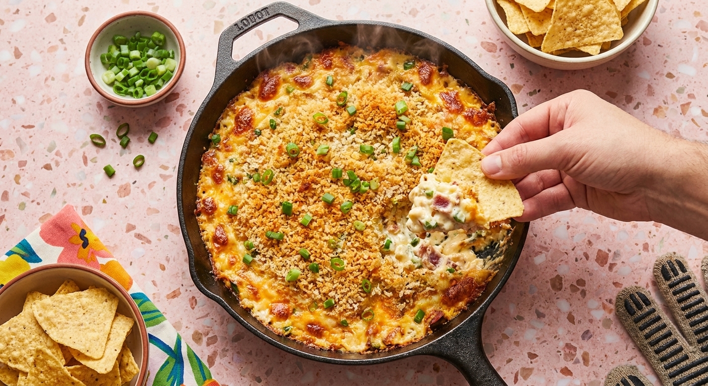 A baking dish of jalapeño popper dip fresh from the oven with bubbly cheese around the edges and a golden brown panko topping