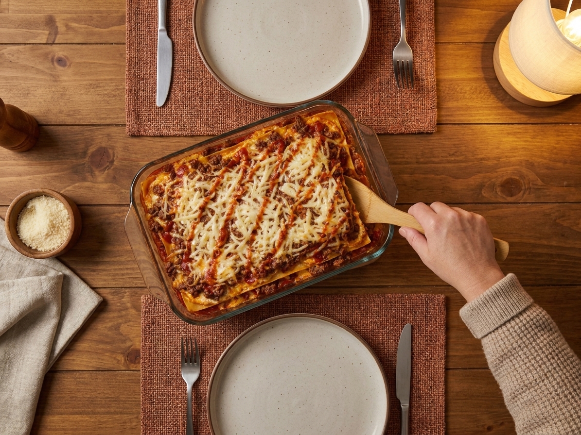 A baking dish of lasagna on a dinner table with serving spoon, plates, and simple utensils, cozy home dinner setting with warm consistent lighting