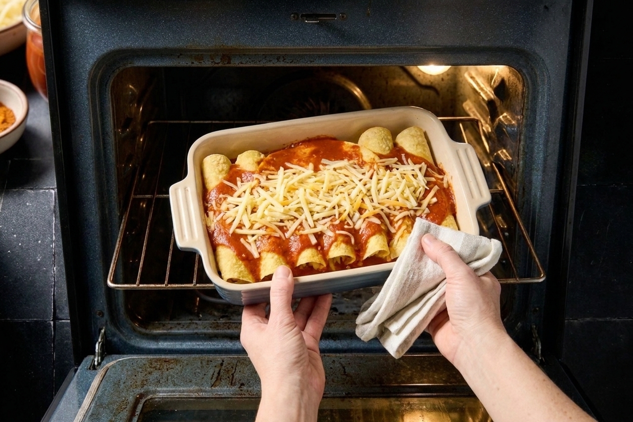A baking dish of leftover cheese enchiladas being slid into a home oven on a middle rack