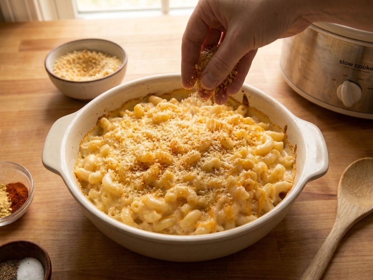 A baking dish of mac and cheese being topped with buttery panko breadcrumbs