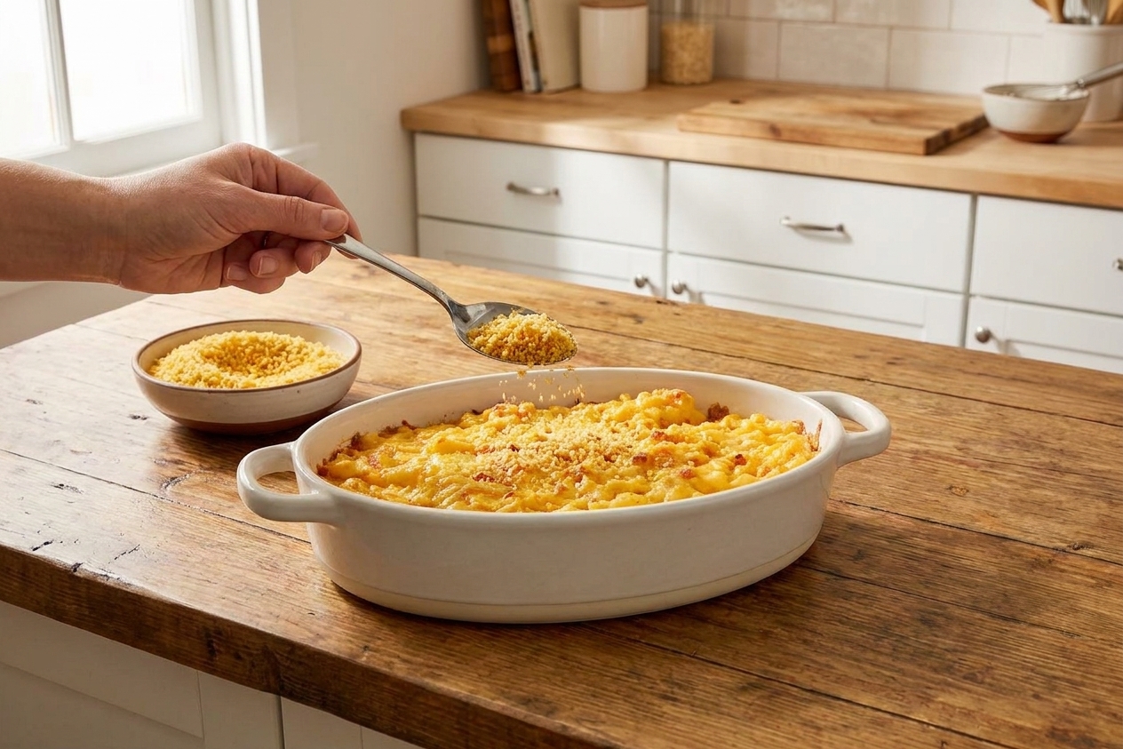 A baking dish of mac and cheese being topped with buttery panko breadcrumbs by a hand holding a spoon over a kitchen counter