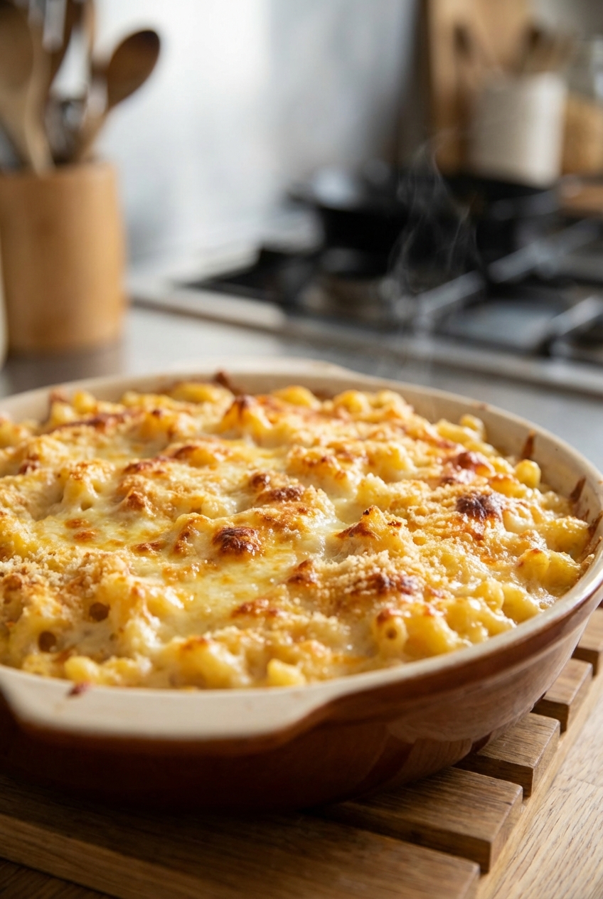 A baking dish of mac and cheese fresh from the oven with a golden browned topping