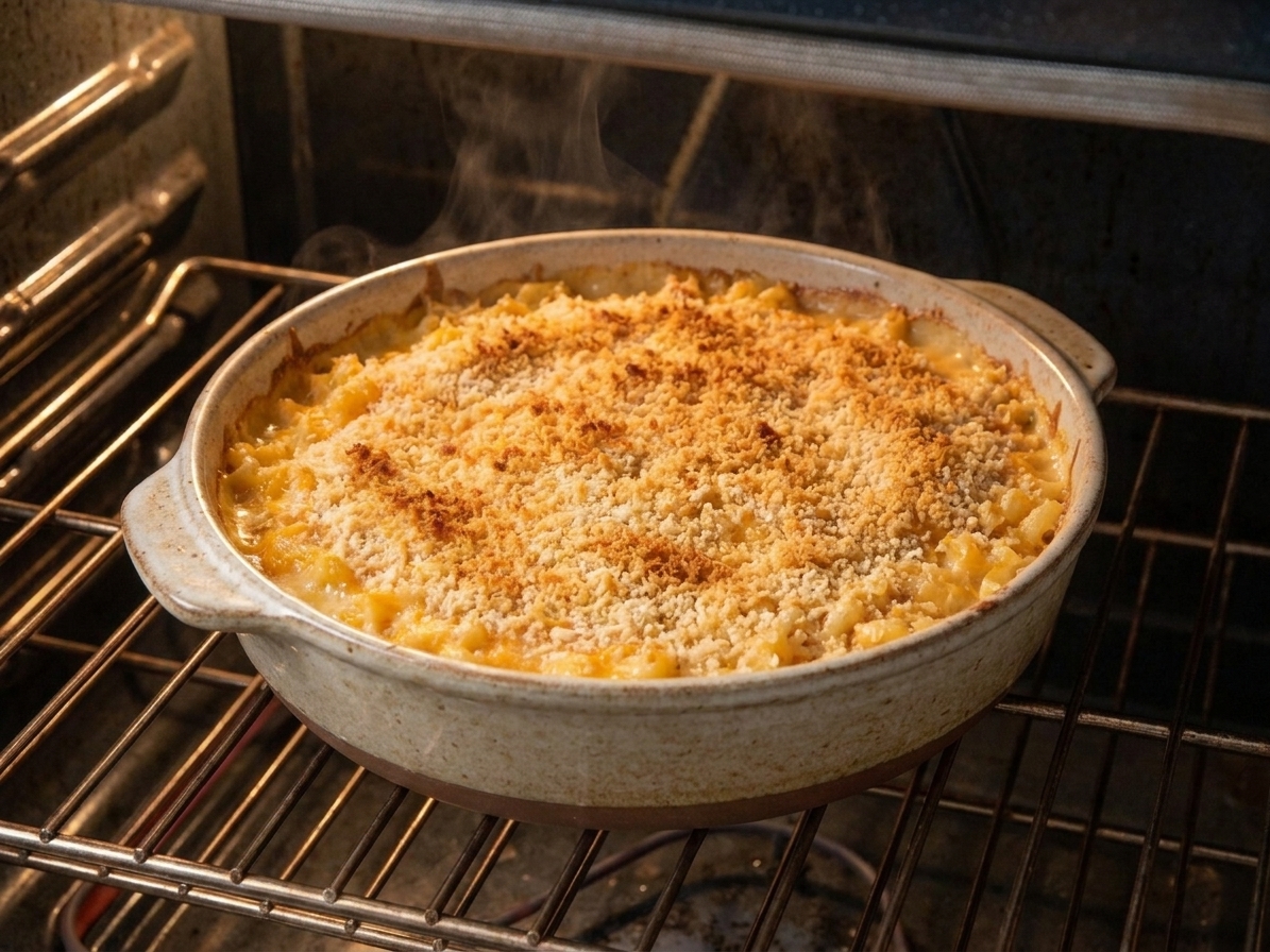 A baking dish of mac and cheese on an oven rack with a browned breadcrumb topping and bubbling edges