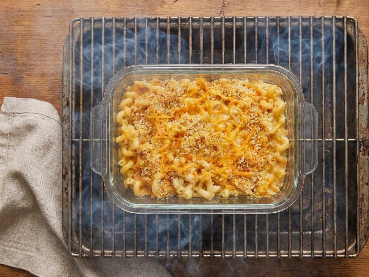 A baking dish of mac and cheese sitting on a smoker grate with light smoke drifting upward