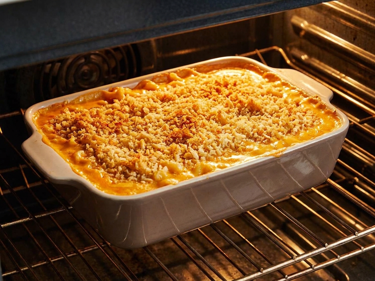 A baking dish of macaroni and cheese on an oven rack with the topping turning golden