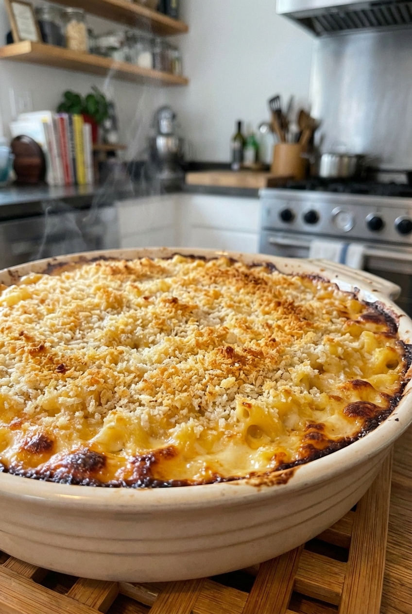 A baking dish of macaroni and cheese with toasted panko crumbs and golden edges fresh out of the oven