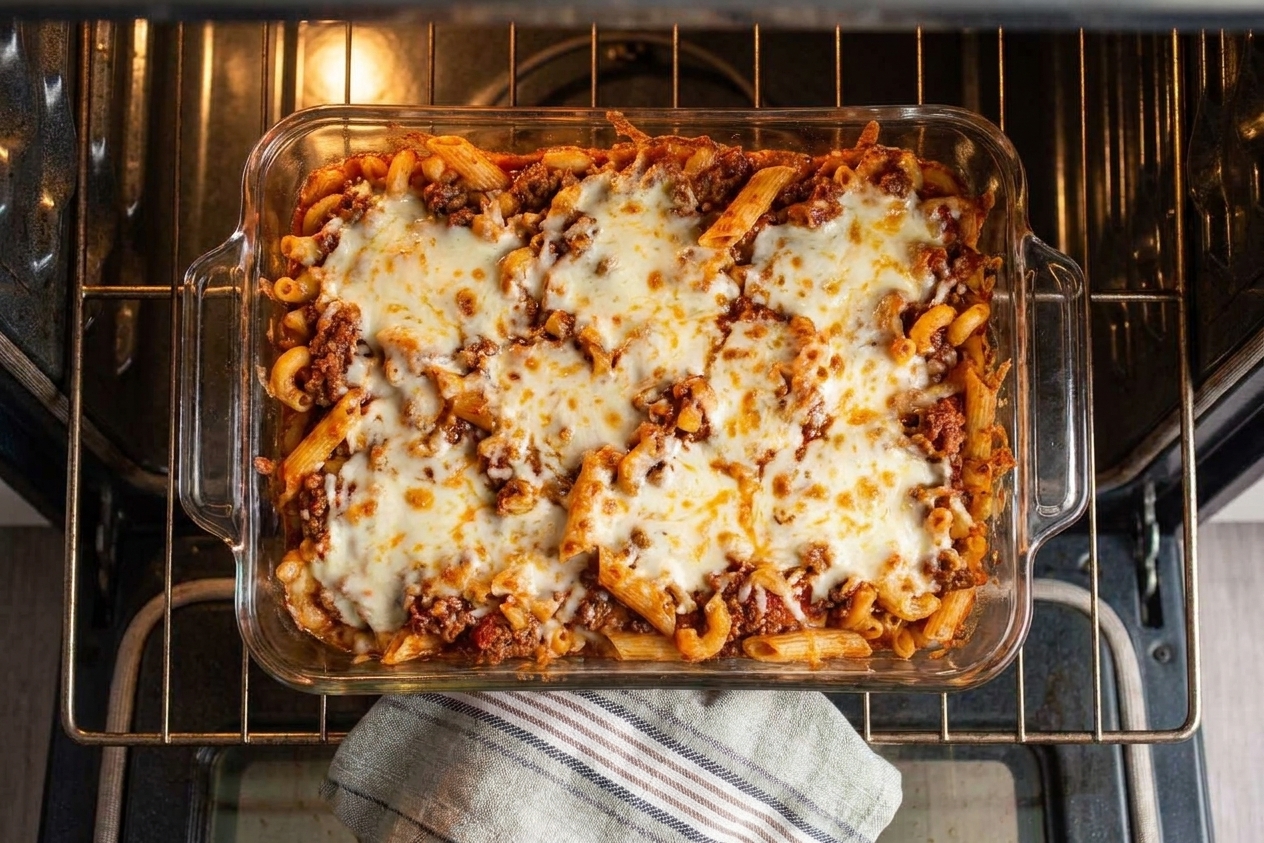 A baking dish of macaroni penne bubbling in an oven with melted mozzarella browned on top