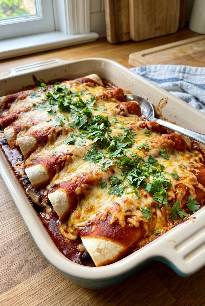A baking dish of mushroom and black bean enchiladas covered in red enchilada sauce and melted cheese, topped with cilantro
