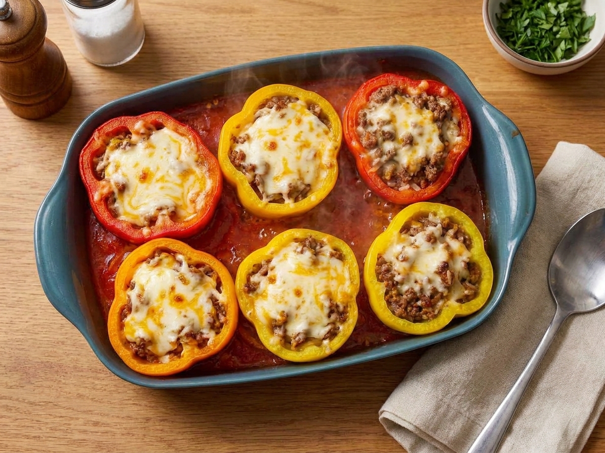 A baking dish of old fashioned stuffed bell peppers filled with beef and rice, topped with melted cheese and surrounded by tomato sauce on a warm kitchen table