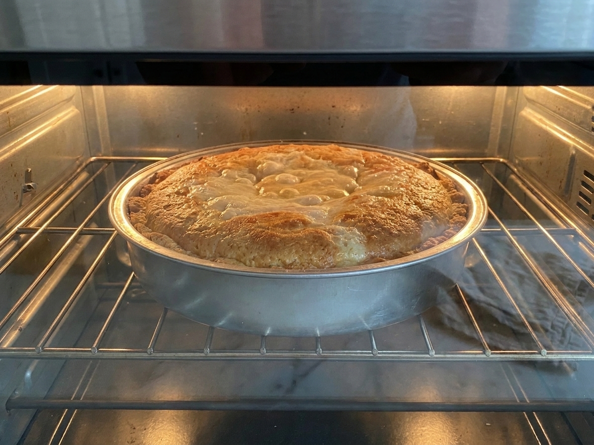 A baking dish of ooey gooey butter cake baking on the middle rack of a home oven, the top slightly puffed and turning golden