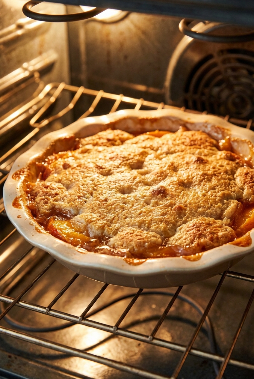 A baking dish of peach cobbler with golden topping sitting on an oven rack
