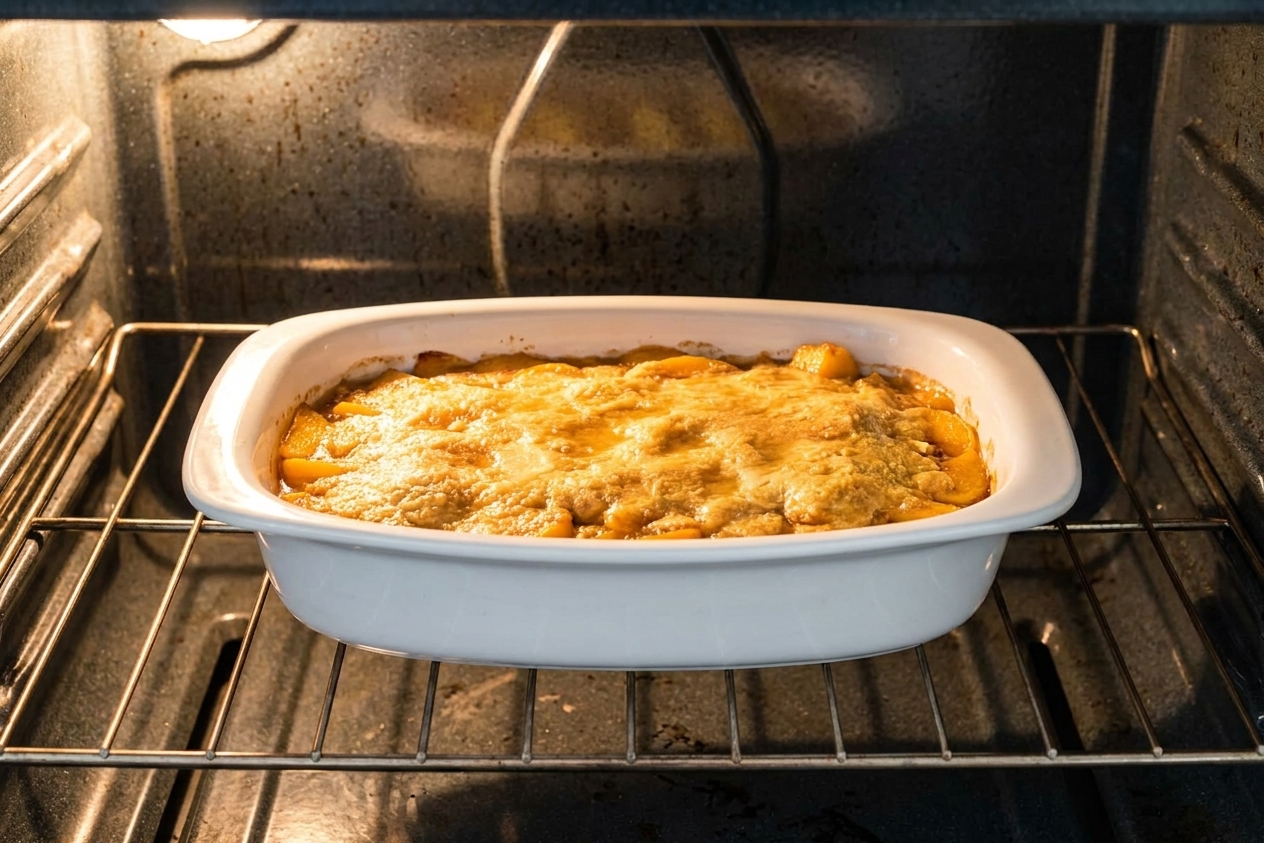 A baking dish of peach dump cake on an oven rack with the top turning golden brown