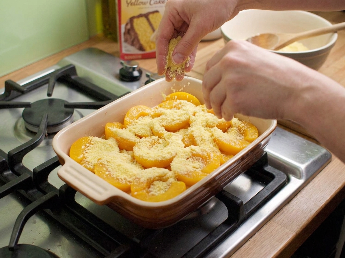 A baking dish of peaches on a kitchen counter as hands sprinkle dry yellow cake mix evenly over the fruit