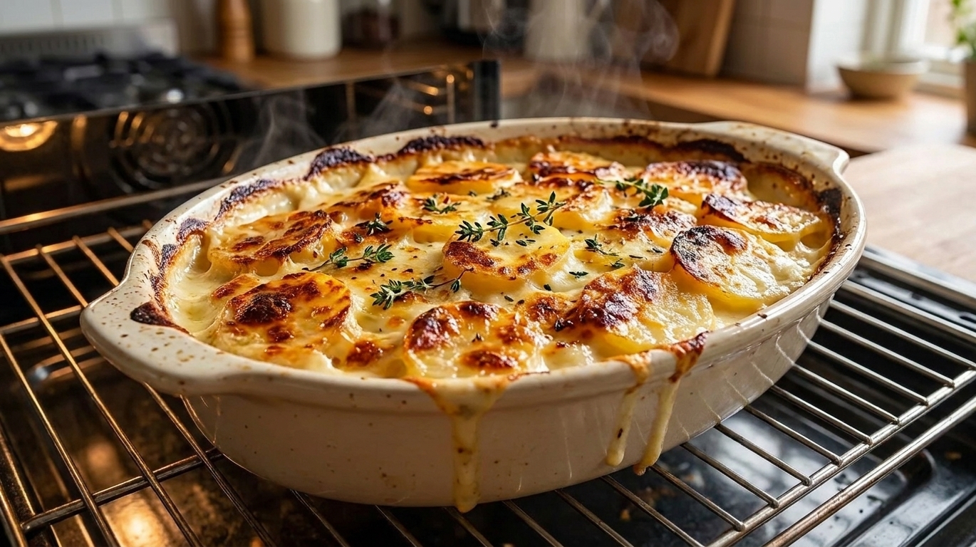A baking dish of potato dauphinoise on an oven rack, with the top turning golden and cream bubbling at the edges
