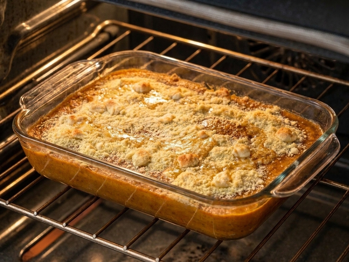 A baking dish of pumpkin dump cake on the oven rack with a golden topping forming