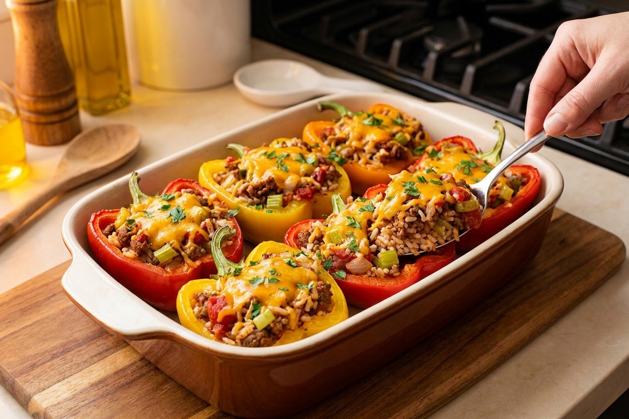 A baking dish of red and yellow bell peppers stuffed with rice and meat, topped with melted cheese and fresh parsley on a warm kitchen counter