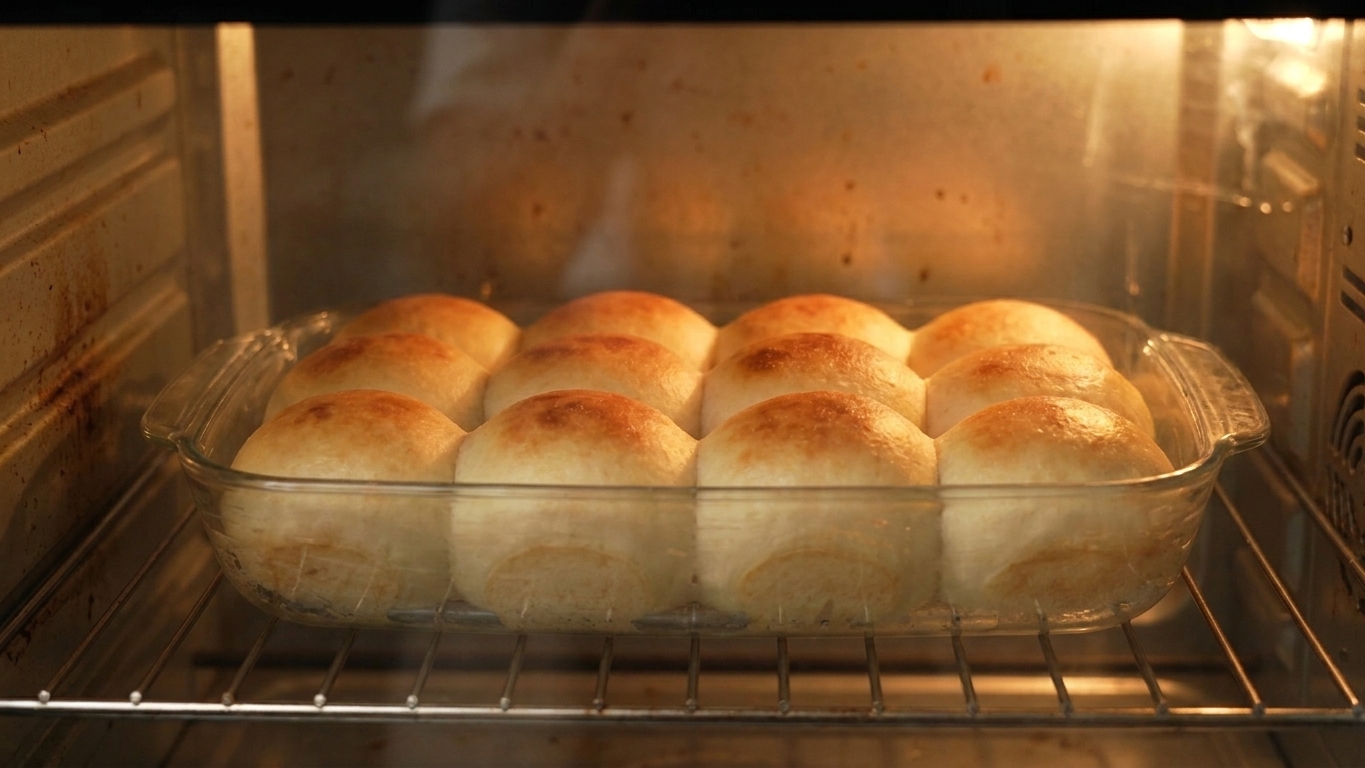 A baking dish of risen rolls on an oven rack mid-bake with the tops turning golden