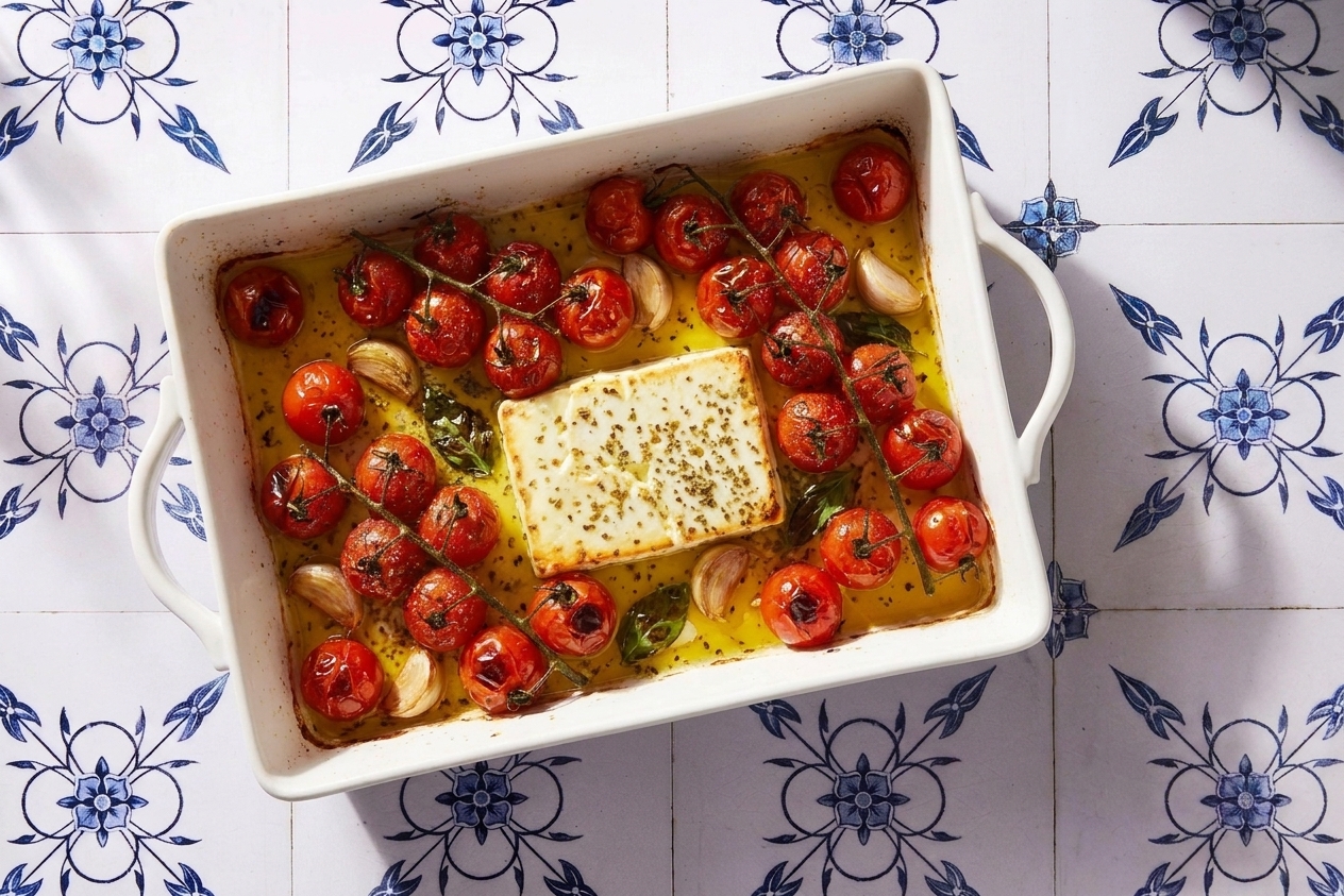 A baking dish of roasted burst cherry tomatoes with softened feta turning lightly golden on top