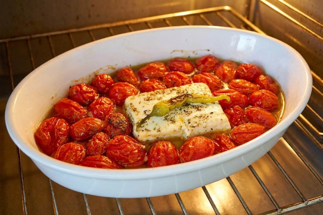 A baking dish of roasted cherry tomatoes and softened feta on an oven rack, tomatoes blistered and juicy