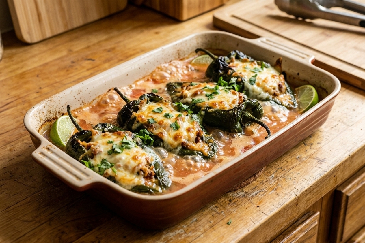 A baking dish of roasted poblano relleno peppers stuffed with melted cheese and covered in a light tomato sauce, bubbling at the edges on a wooden kitchen counter