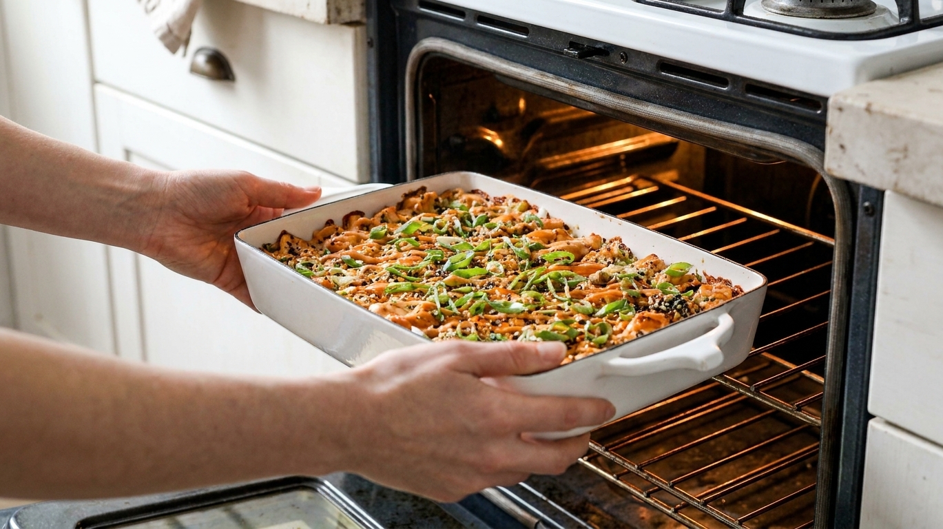 A baking dish of salmon sushi bake being placed onto the middle rack of a preheated oven