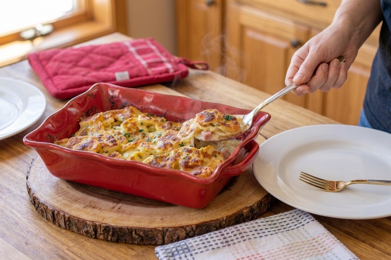 A baking dish of scalloped potatoes and ham on a simple family-style table setting with serving spoon and plates ready