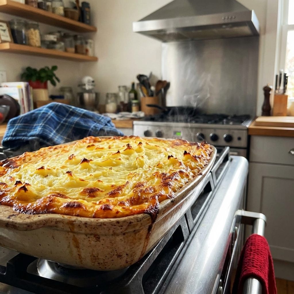 A baking dish of shepherd’s pie fresh from the oven with browned peaks and bubbling edges on a stovetop