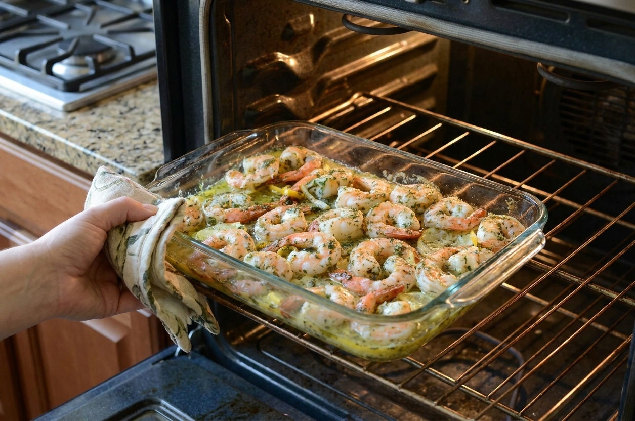 A baking dish of shrimp in garlic butter sauce being placed into a hot oven on the upper rack