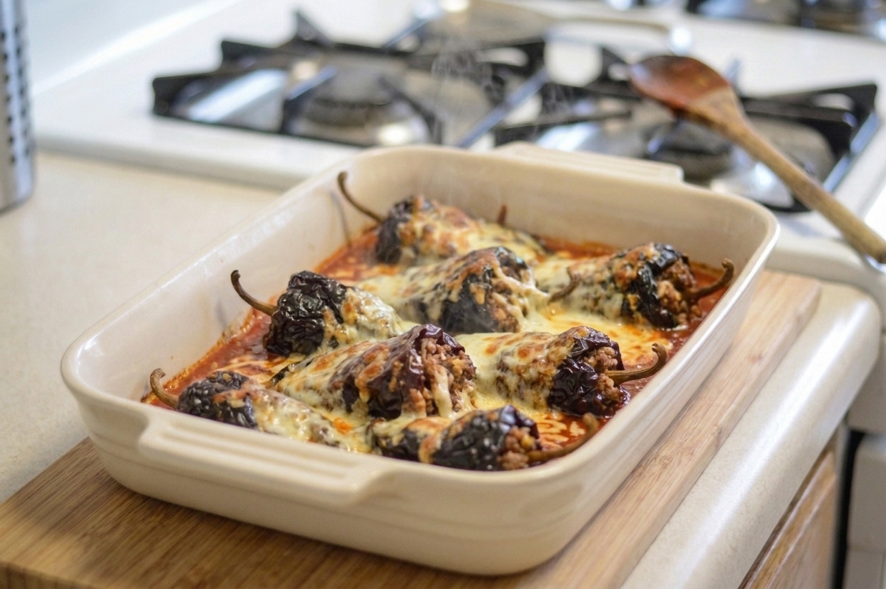 A baking dish of stuffed ancho chiles with melted cheese bubbling on top, just out of the oven