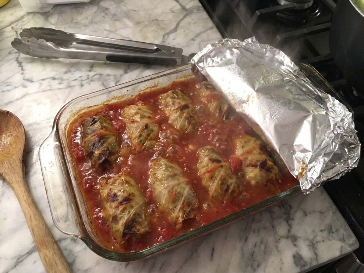 A baking dish of stuffed cabbage rolls bubbling in tomato sauce just out of the oven, foil pulled back